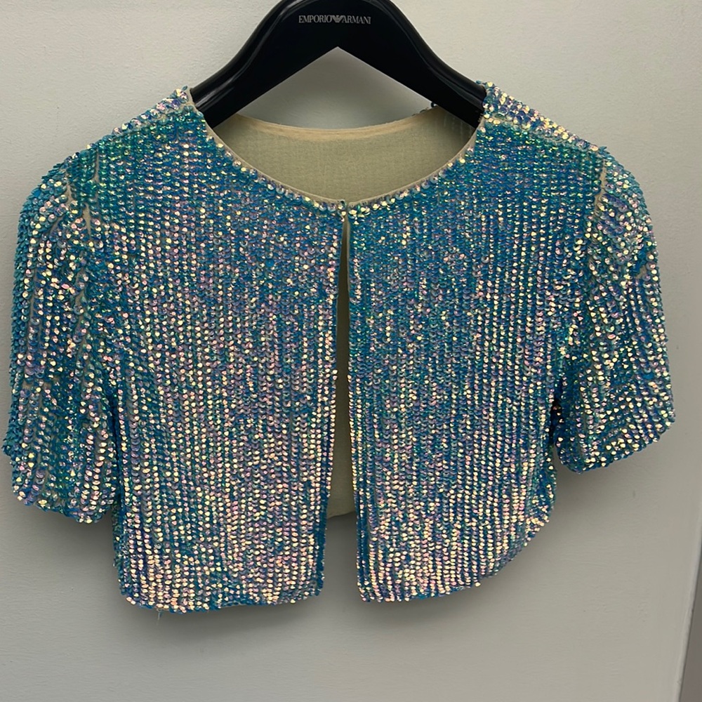 Top shop handmade sequins crop jacket|shirt turquoise gold